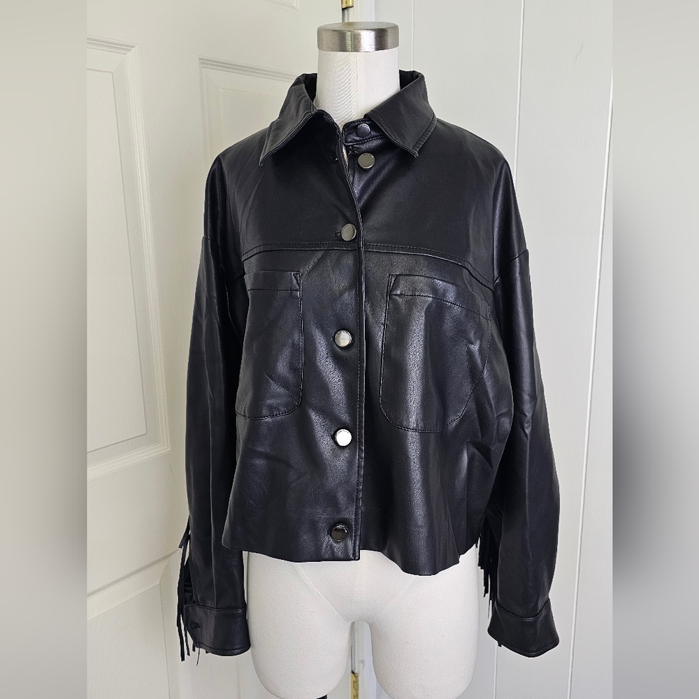 Zara Womens Faux Leather Biker Moto Jacket Fringe Size Small Vegan Black